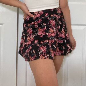 F21 black and pink floral zip skater skirt